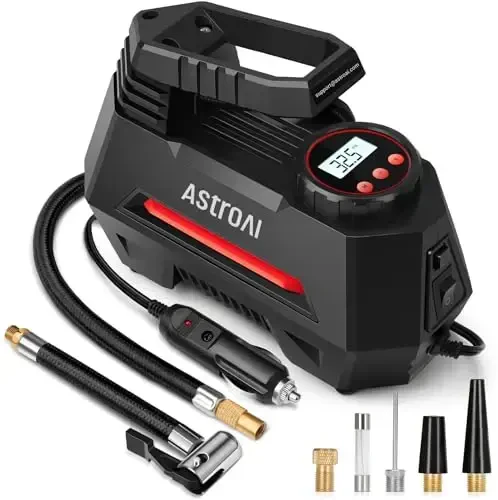 AstroAI Tire Inflator Portable Air Compressor Tire Air Pump for Car Tires - Car Accessories, 12V DC Auto Pump with Digital Pressure Gauge, Emergency LED Light for Bicycle, Balloons, Red - 1