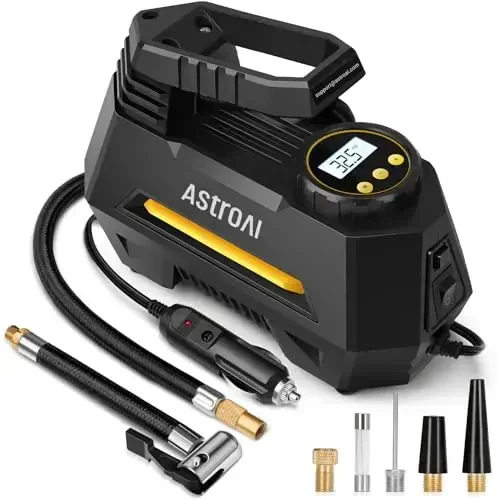 AstroAI Tire Inflator Portable Air Compressor Tire Air Pump for Car Tires - Car Accessories, 12V DC Auto Pump with Digital Pressure Gauge, Emergency LED Light for Bicycle, Balloons, Yellow - 1