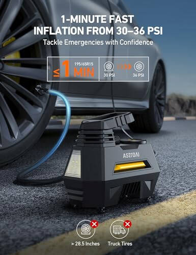 AstroAI Tire Inflator Portable Air Compressor Tire Air Pump for Car Tires - Car Accessories, 12V DC Auto Pump with Digital Pressure Gauge, Emergency LED Light for Bicycle, Balloons, Yellow - 2