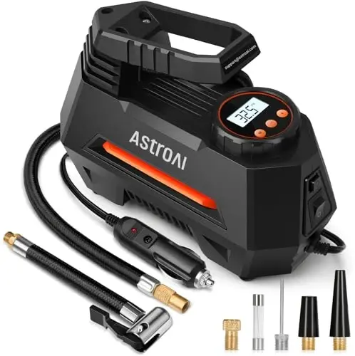 AstroAI Tire Inflator Portativ havo kompressori Avtomobil shinalari uchun shinalar nasosi - Avtomobil aksessuarlari, 9,8Ft 12V DC quvvatli avto nasos raqamli bosim o'lchagich, velosiped, sharlar uchun LED yoritgich, to'q sariq - ASTROAI