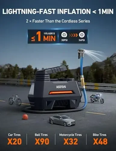 AstroAI Tire Inflator Portativ havo kompressori Avtomobil shinalari uchun shinalar nasosi - Avtomobil aksessuarlari, 9,8Ft 12V DC quvvatli avto nasos raqamli bosim o'lchagich, velosiped, sharlar uchun LED yoritgich, to'q sariq - 2