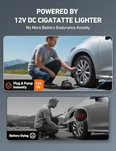 AstroAI Tire Inflator Portativ havo kompressori Avtomobil shinalari uchun shinalar nasosi - Avtomobil aksessuarlari, 9,8Ft 12V DC quvvatli avto nasos raqamli bosim o'lchagich, velosiped, sharlar uchun LED yoritgich, to'q sariq - 4