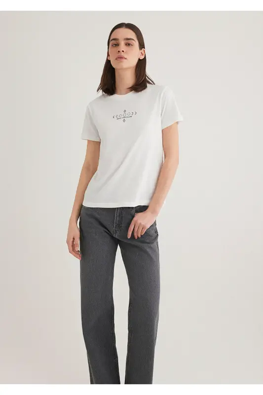 Астрология Baskılı Ekru Tişört Semi Slim Fit / Yarı - 4