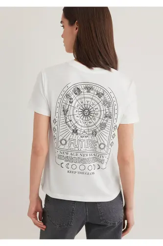 Astroloji naqshli och bej futbolka Semi Slim Fit / Yarim - MAVI (1)