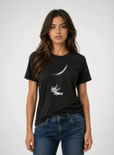 Astronaut Moon Themed T-Shirt Short Sleeve Summer Crew Neck T-Shirt - Black - 3