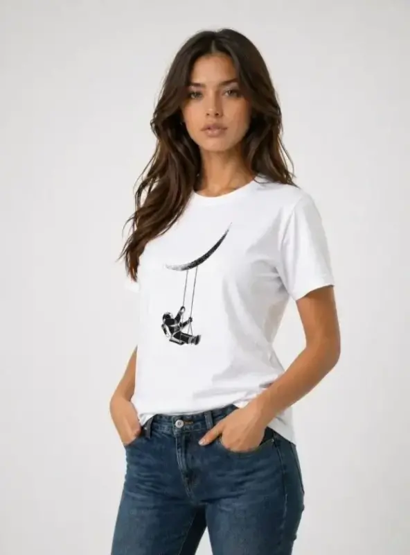 Astronot Ay Temalı Tişört Kısa Kol Yazlık Bisiklet Yaka T-Shirt - Beyaz - 1