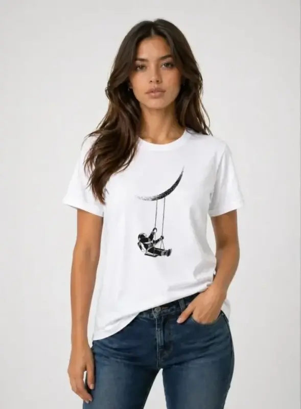 Astronot Ay Temalı Tişört Kısa Kol Yazlık Bisiklet Yaka T-Shirt - Beyaz - 2