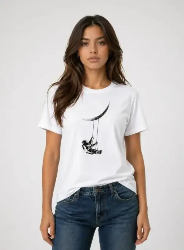 Astronot Ay Temalı Tişört Kısa Kol Yazlık Bisiklet Yaka T-Shirt - Beyaz - 3