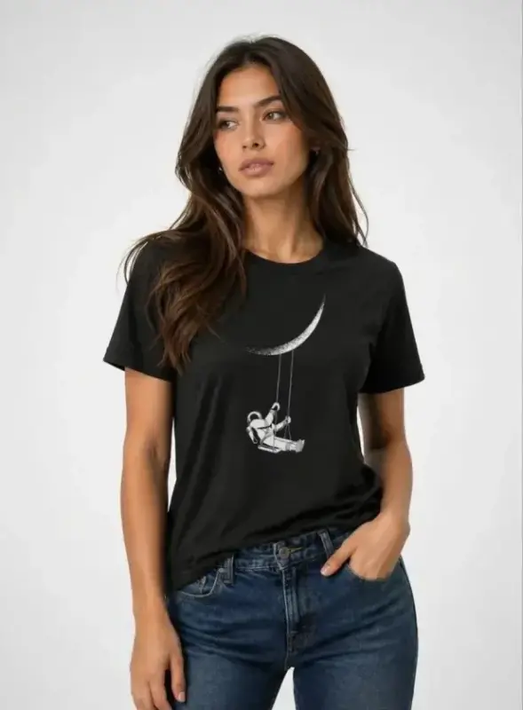 Astronot Ay Temalı Tişört Kısa Kol Yazlık Bisiklet Yaka T-Shirt - Siyah - 1