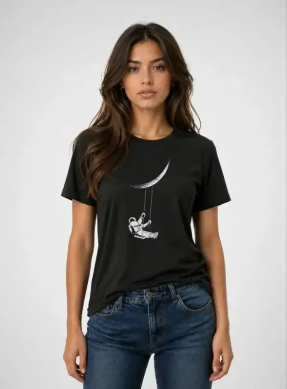 Astronot Ay Temalı Tişört Kısa Kol Yazlık Bisiklet Yaka T-Shirt - Siyah - 3