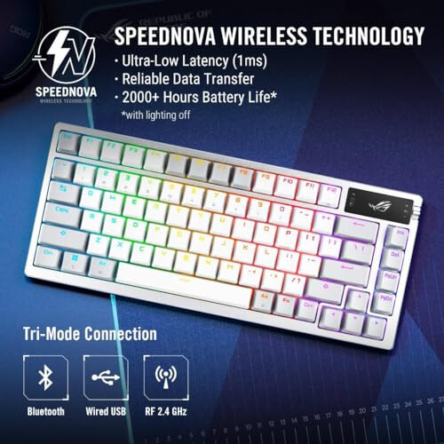 ASUS ROG Azoth 75 Wireless DIY Custom Gaming Keyboard, OLED display, Gasket-Mount, Three-Layer Dampening, Hot-Swappable Pre-lubed ROG NX Brown Switches & Keyboard Stabilizers, PBT Keycaps, RGB - White - 3