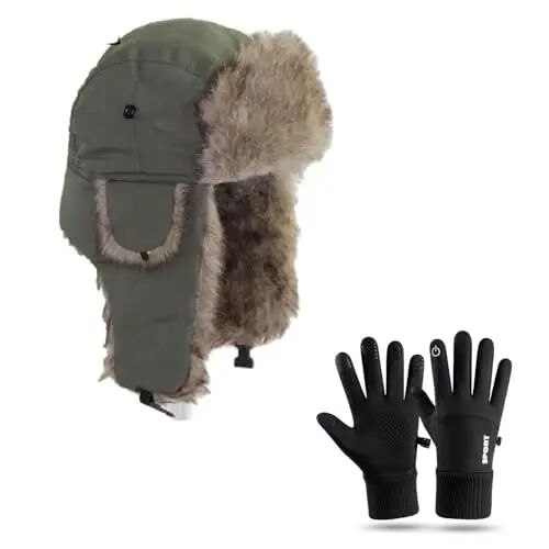 ASWER Warm Trapper Trooper Hat Winter Skiing Cap Gloves Set Touch Screen Women Men - ASWER