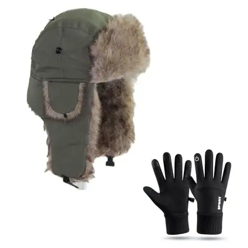 ASWER Warm Trapper Trooper Hat Winter Skiing Cap Gloves Set Touch Screen Women Men - 1