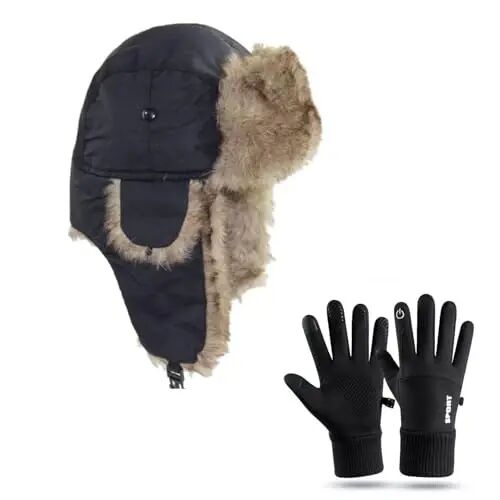 ASWER Warm Trapper Trooper Hat Winter Skiing Cap Gloves Set Touch Screen Women Men - ASWER