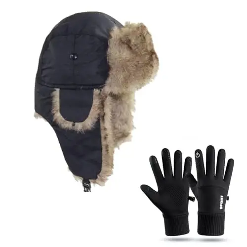 ASWER Warm Trapper Trooper Hat Winter Skiing Cap Gloves Set Touch Screen Women Men - 1
