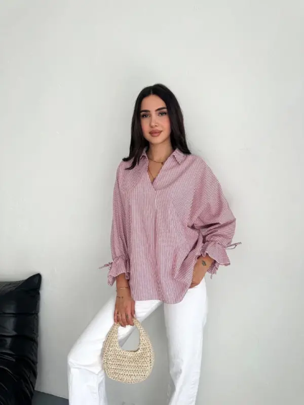 Asymmetric Back Slit Cut Detailed Striped Blouse Shirt - Burgundy - 1