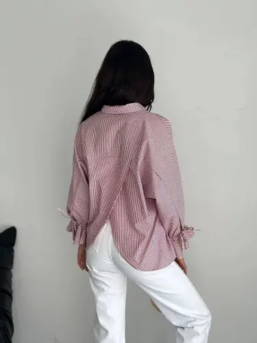 Asymmetric Back Slit Cut Detailed Striped Blouse Shirt - Burgundy - BÜYÜKBEDENIZ (1)