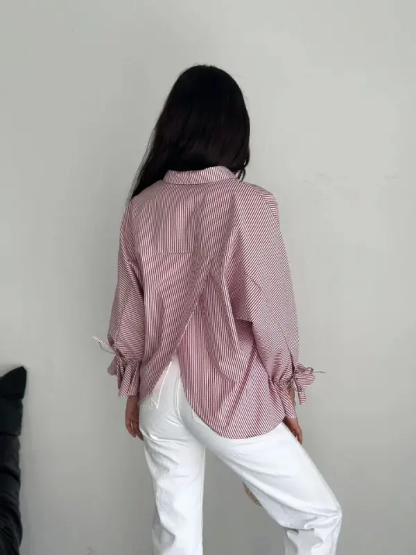 Asymmetric Back Slit Cut Detailed Striped Blouse Shirt - Burgundy - 2