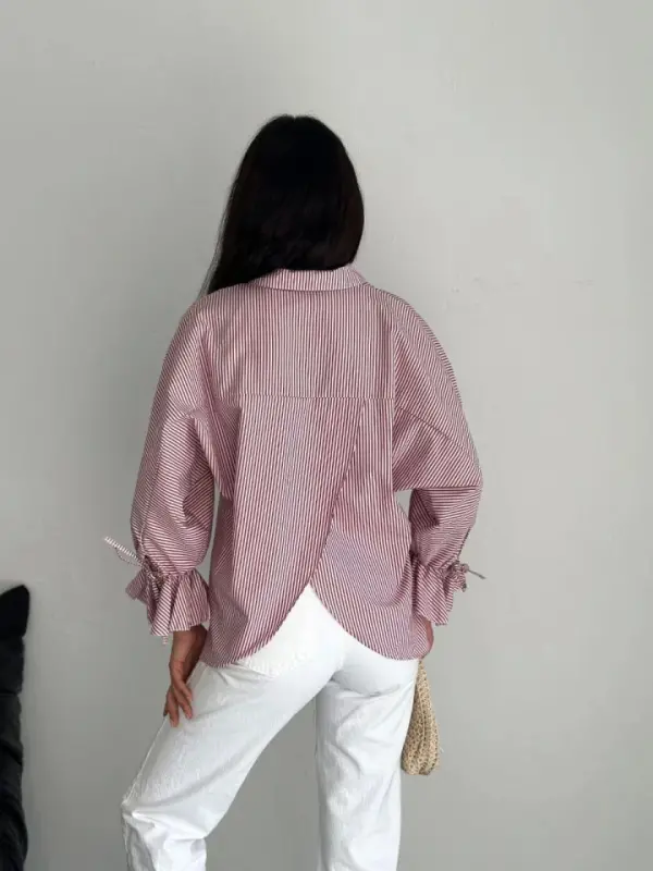 Asymmetric Back Slit Cut Detailed Striped Blouse Shirt - Burgundy - 4