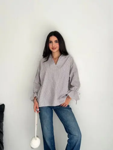 Asymmetric Back Slit Cut Detailed Striped Blouse Shirt - Gray - 1