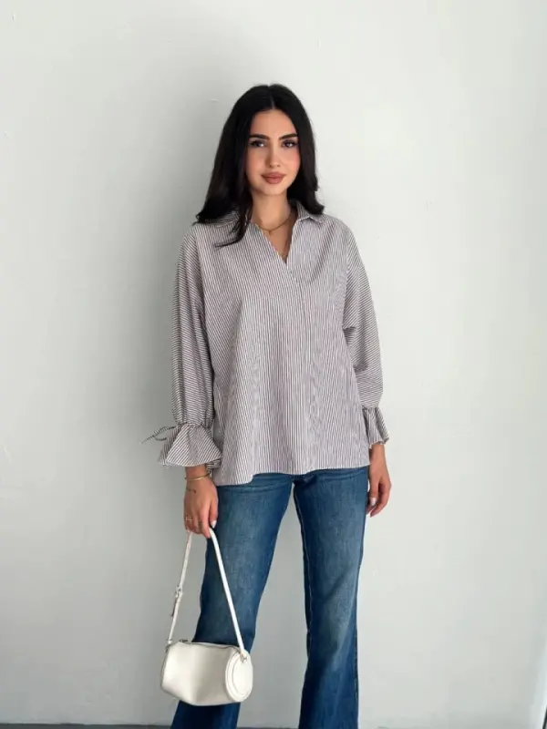 Asymmetric Back Slit Cut Detailed Striped Blouse Shirt - Gray - 2