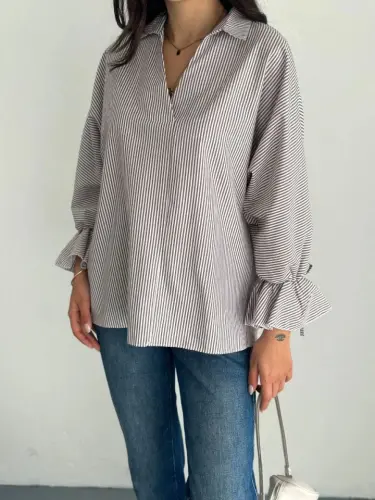 Asymmetric Back Slit Cut Detailed Striped Blouse Shirt - Gray - 3