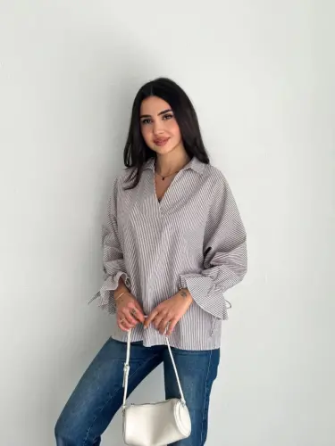 Asymmetric Back Slit Cut Detailed Striped Blouse Shirt - Gray - 4