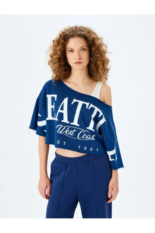 Asymmetric Collar College Print Oversize Short Sleeve T-shirt - 3