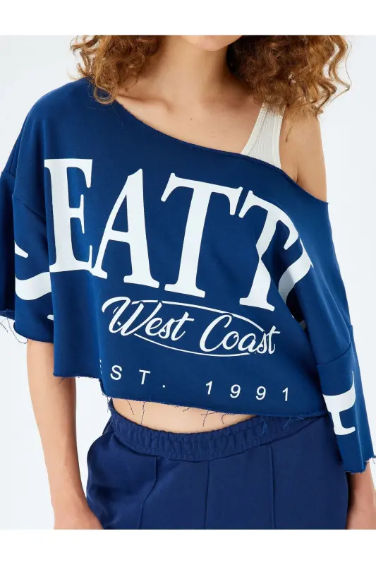 Asymmetric Collar College Print Oversize Short Sleeve T-shirt - 5