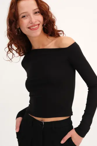 Asymmetric Collar Long Sleeve Blouse B1668-t11-Black - 1