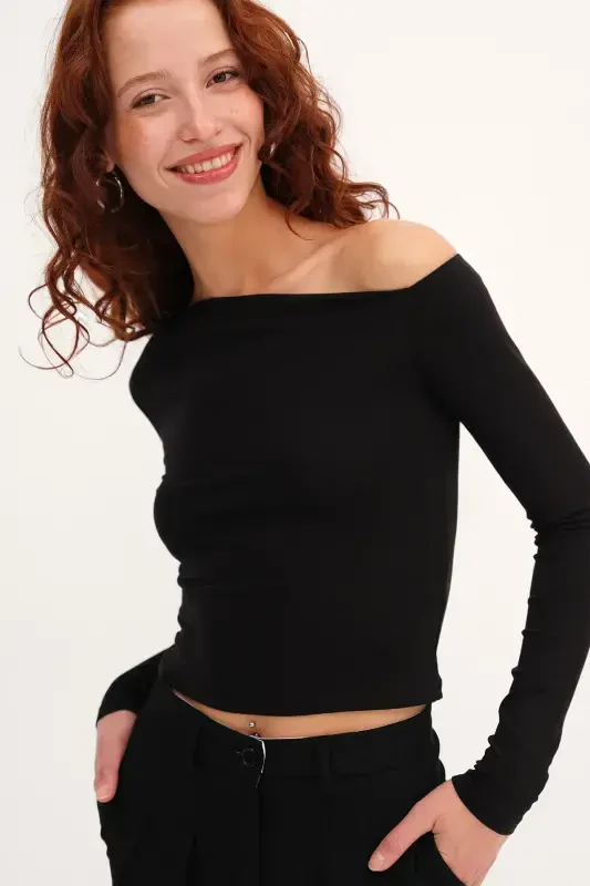 Asymmetric Collar Long Sleeve Blouse B1668-t11-Black - ADDAX