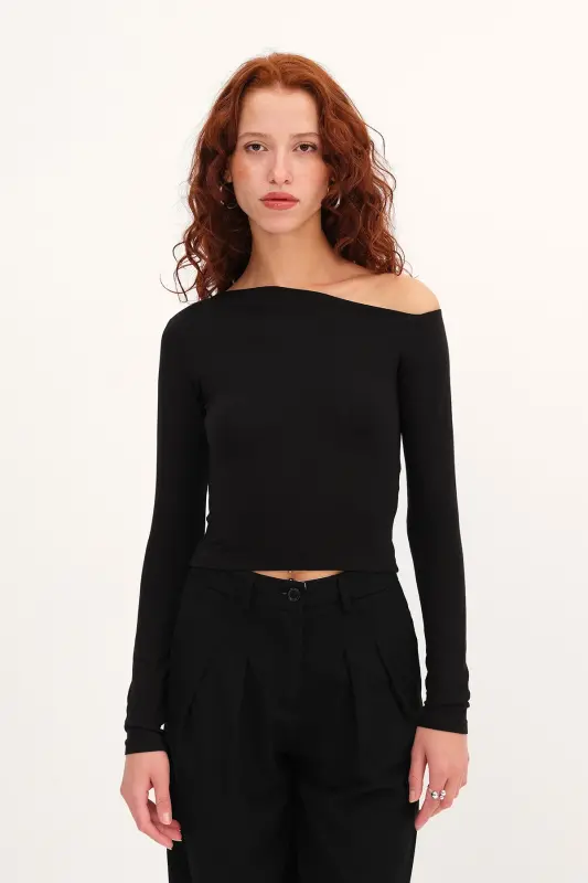 Asymmetric Collar Long Sleeve Blouse B1668-t11-Black - 2