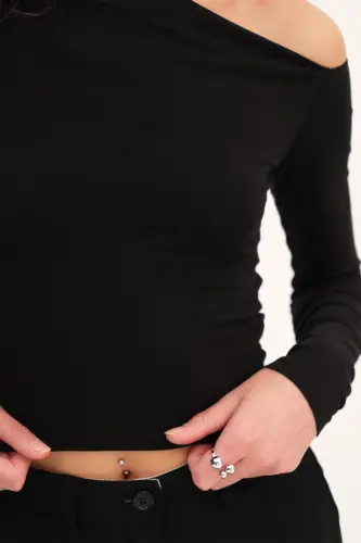 Asymmetric Collar Long Sleeve Blouse B1668-t11-Black - 3