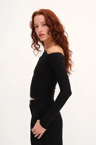 Asymmetric Collar Long Sleeve Blouse B1668-t11-Black - 4