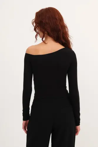 Asymmetric Collar Long Sleeve Blouse B1668-t11-Black - 5