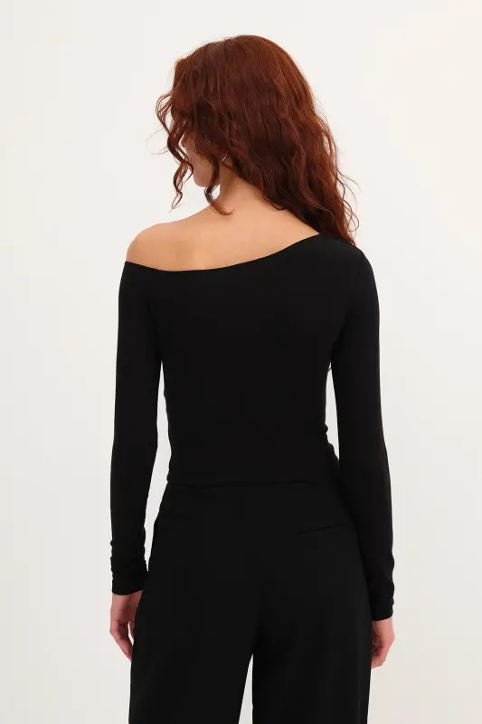 Asymmetric Collar Long Sleeve Blouse B1668-t11-Black - 5