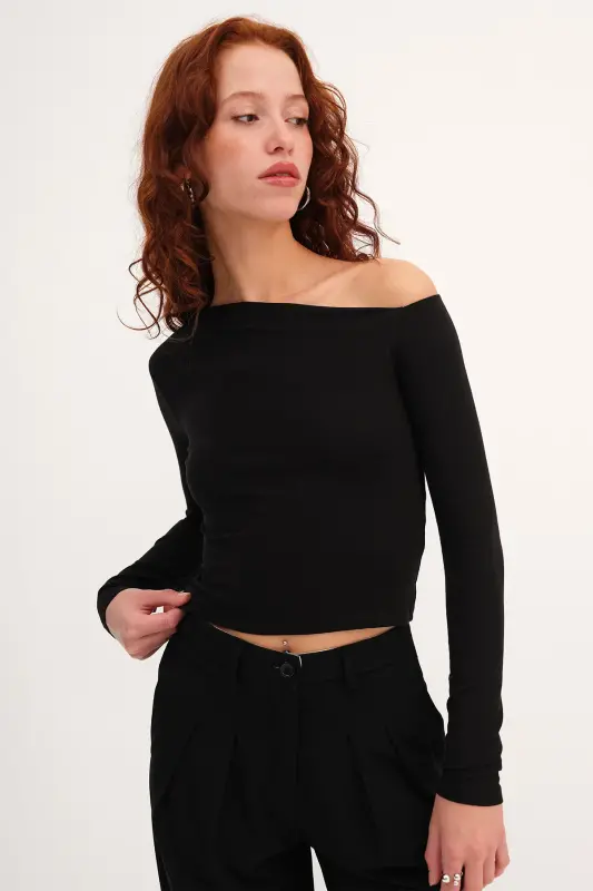 Asymmetric Collar Long Sleeve Blouse B1668-t11-Black - 6