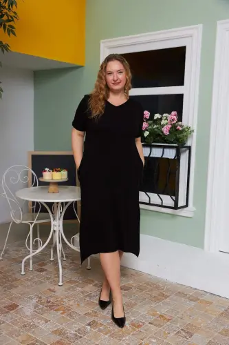 Asymmetric Cut Back Belt Detailed Plus Size Dress Black - 1