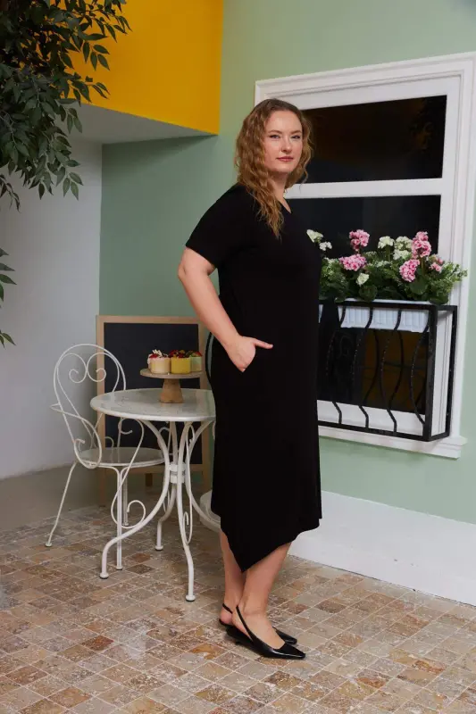 Asymmetric Cut Back Belt Detailed Plus Size Dress Black - 2