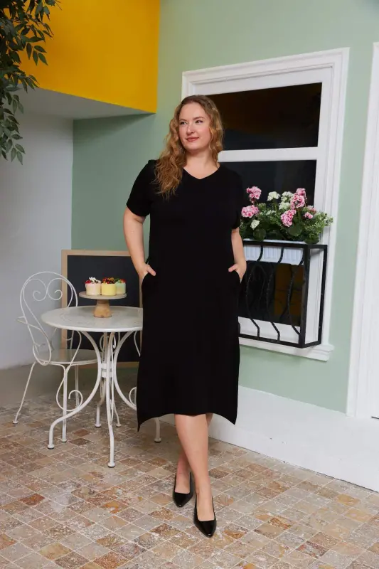 Asymmetric Cut Back Belt Detailed Plus Size Dress Black - 3