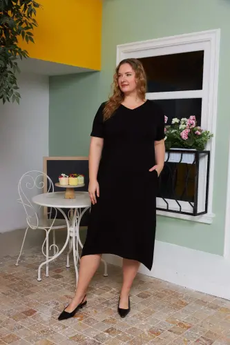 Asymmetric Cut Back Belt Detailed Plus Size Dress Black - 4