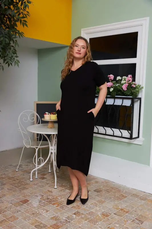 Asymmetric Cut Back Belt Detailed Plus Size Dress Black - 5