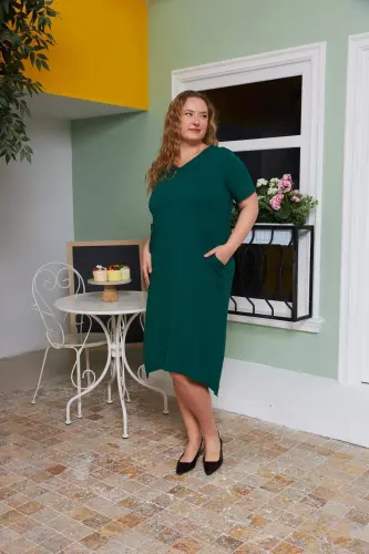 Asymmetric Cut Back Belt Detailed Plus Size Dress Emerald - BÜYÜKBEDENIZ (1)