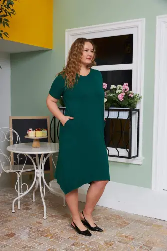 Asymmetric Cut Back Belt Detailed Plus Size Dress Emerald - 3