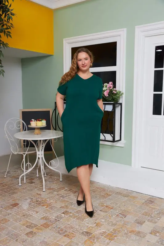 Asymmetric Cut Back Belt Detailed Plus Size Dress Emerald - 4