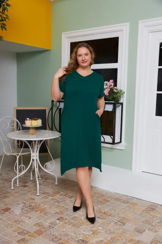Asymmetric Cut Back Belt Detailed Plus Size Dress Emerald - BÜYÜKBEDENIZ