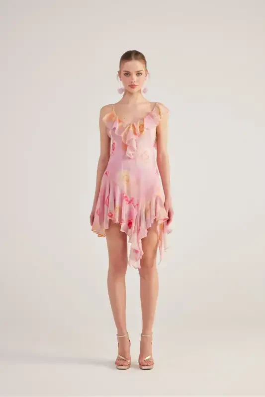 Asymmetric Cut Back Detailed Floral Gigi Dress Pink-Pink - 1