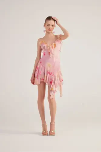 Asymmetric Cut Back Detailed Floral Gigi Dress Pink-Pink - 2