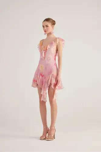 Asymmetric Cut Back Detailed Floral Gigi Dress Pink-Pink - 4