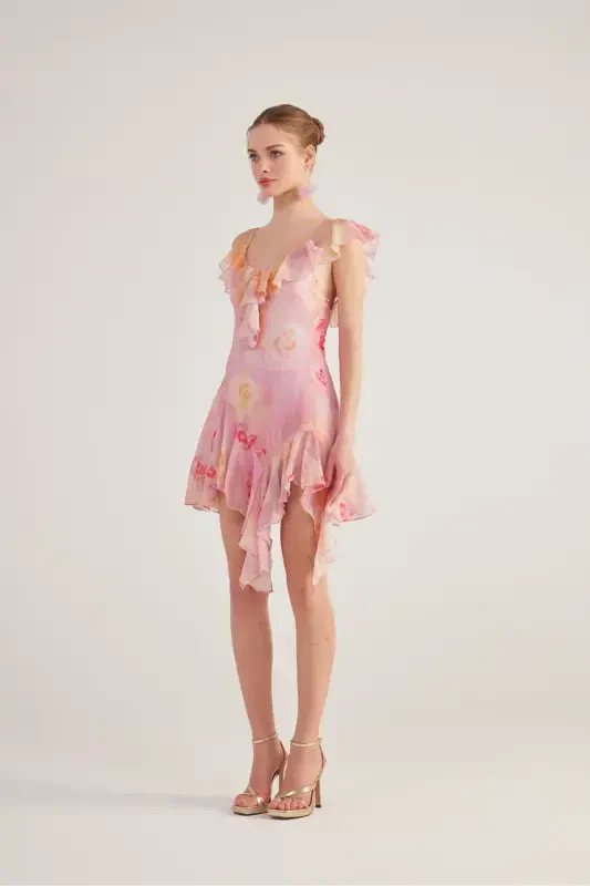 Asymmetric Cut Back Detailed Floral Gigi Dress Pink-Pink - 4